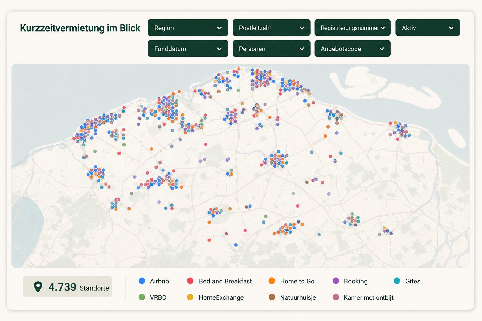 Kartendashboard mit farbigen Clustern von Ferienunterkünften nach Kurzzeitvermietungsplattform